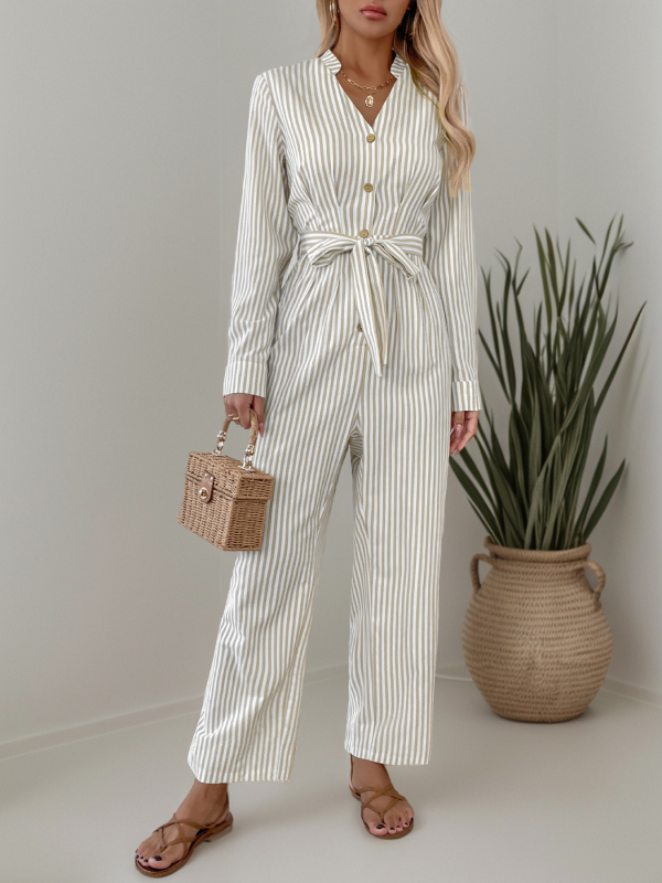 Ladies new v-neck striped lace-up jumpsuit