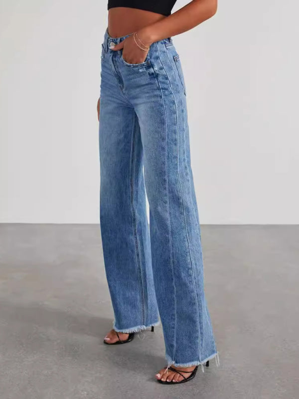 Women's Loose Wide Leg Side Seam Paneled Frayed Hem Jeans