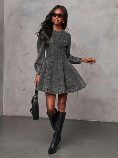 Fashion casual patchwork waist women's denim long sleeve dress