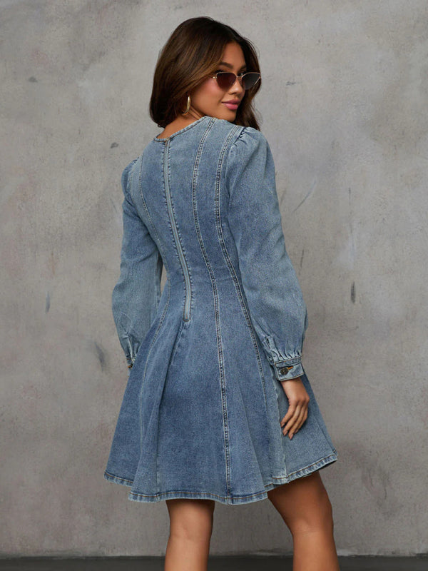 Fashion casual patchwork waist women's denim long sleeve dress