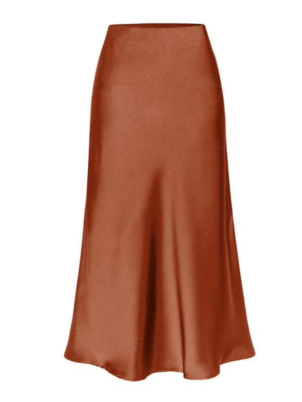 Satin High Waist Solid Color Split Midi Skirt