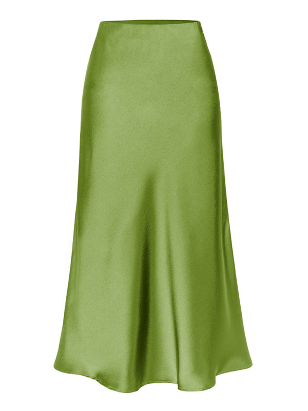 Satin High Waist Solid Color Split Midi Skirt