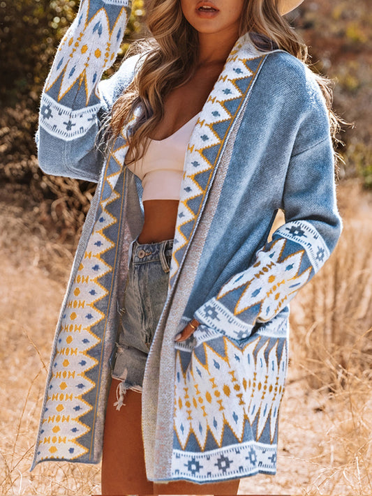 New ethnic style printed long-sleeved knitted sweater cardigan jacket