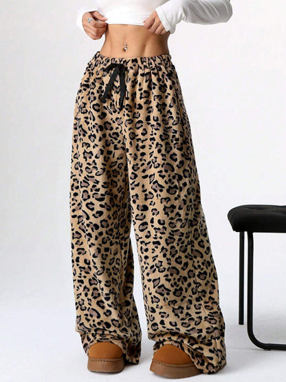 New Casual Pants Leopard Print Lace-Up Wide-Leg Pants