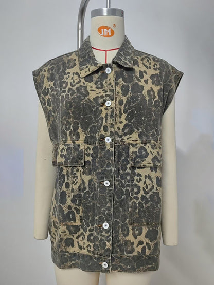 Washed denim new loose leopard print vest waistcoat