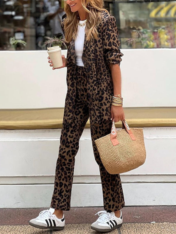 Women's Leopard Print Casual Fashion Cardigan Jacket Suit Set Trousers