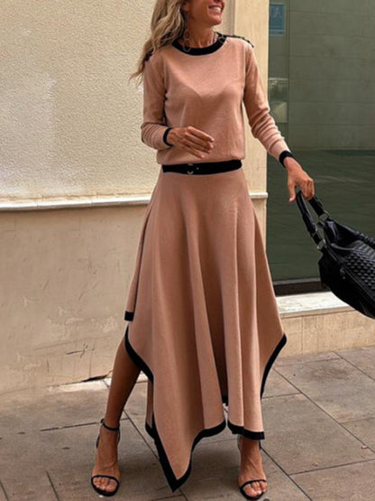 Long-sleeved irregular solid color skirt two-piece set