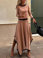 Long-sleeved irregular solid color skirt two-piece set