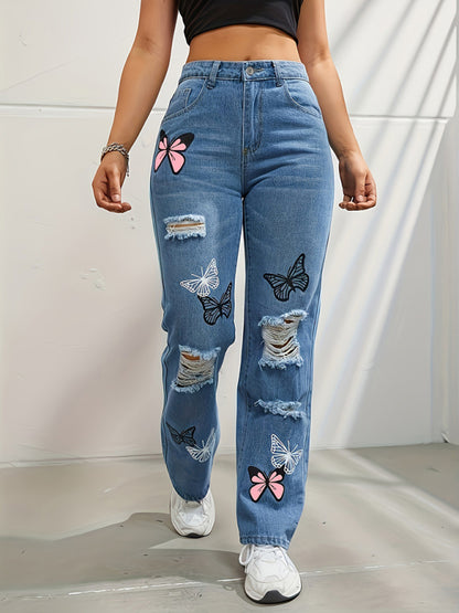 Butterfly Printed Ripped Fashion Straight High Waist Contrast Denim Pants