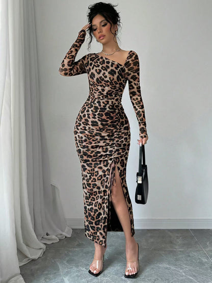 New Women's Round Neck Long Sleeve Sexy Leopard Print High Waist Hottie Dress