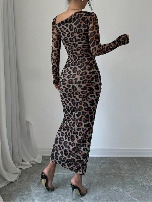 New Women's Round Neck Long Sleeve Sexy Leopard Print High Waist Hottie Dress