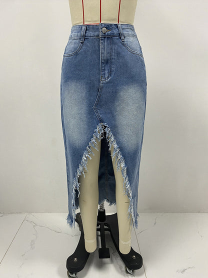 New high waist irregular raw edge denim skirt for women old washed skirt