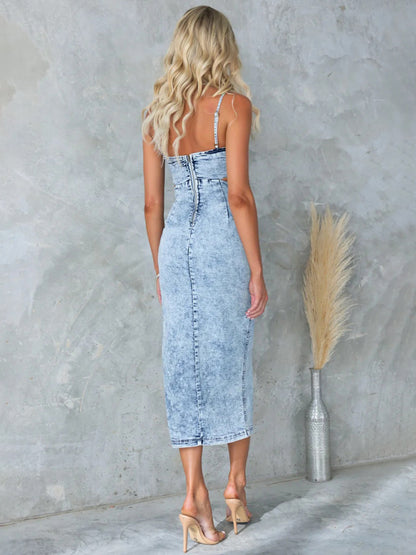 Fashionable suspenders distressed sexy denim dress