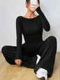 Women's solid color long-sleeved casual wide-leg trousers fashionable two-piece set