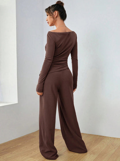 Women's solid color long-sleeved casual wide-leg trousers fashionable two-piece set