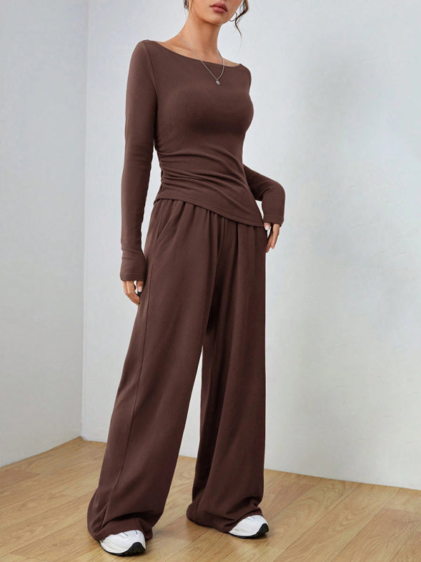 Women's solid color long-sleeved casual wide-leg trousers fashionable two-piece set