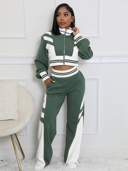 Color Block Stitching Contrast Wide Leg Flared Pants Two-Piece Set