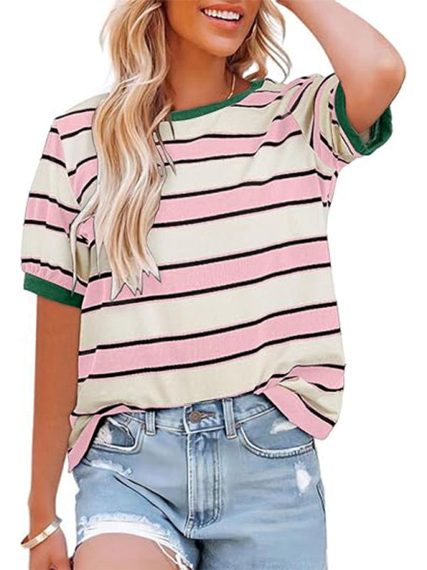 Women's round neck colorful patchwork large striped loose T-shirt