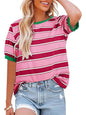 Women's round neck colorful patchwork large striped loose T-shirt