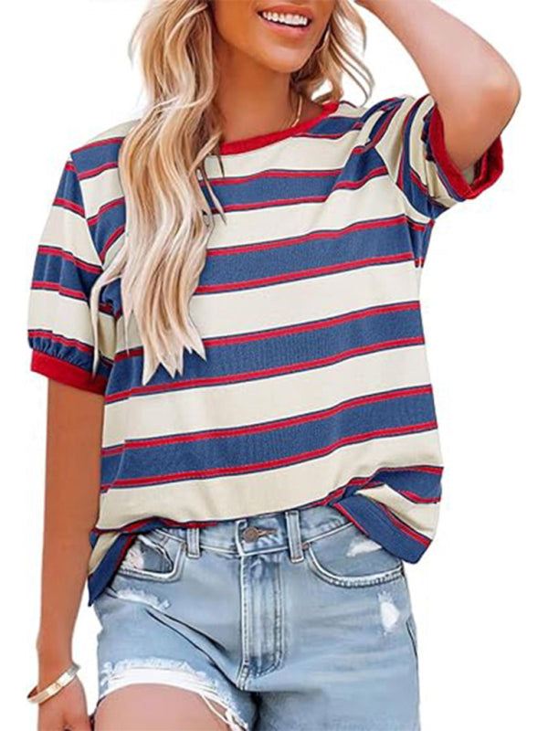 Women's round neck colorful patchwork large striped loose T-shirt