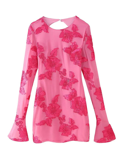 Women's Embroidered Trumpet Long Sleeve Holiday Dress