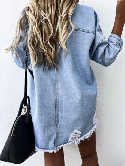 Washed Vintage Jacket Long Sleeve Ripped Mid-Length Denim Jacket