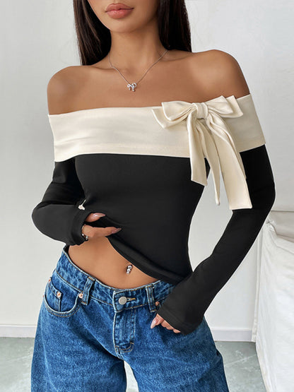 Women's Fashion Short Tops Long Sleeve Foreign Trade Off-shoulder One-shoulder Collar Bowknot T-shirt