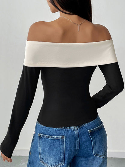 Women's Fashion Short Tops Long Sleeve Foreign Trade Off-shoulder One-shoulder Collar Bowknot T-shirt