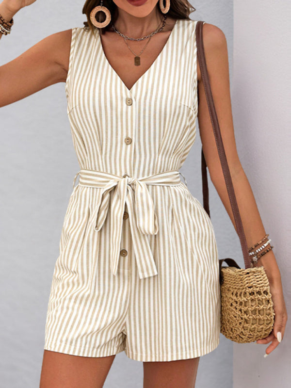 V-neck sleeveless striped jumpsuit