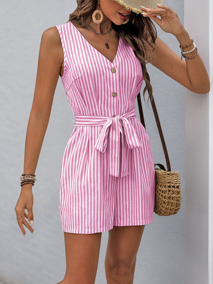 V-neck sleeveless striped jumpsuit