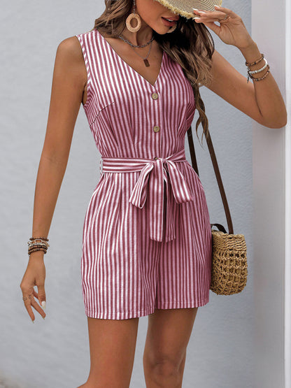 V-neck sleeveless striped jumpsuit