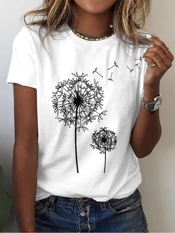 Women's Casual Dandelion Print Knit T-Shirt