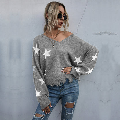 Women's Star Pattern V-Neck Fringe Women's Knit Sweater